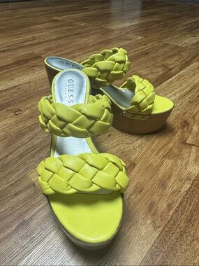 GUESS Yellow Braided Double-Strap Platform Mules